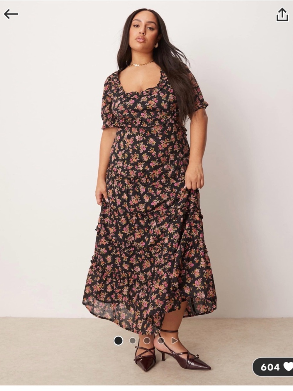 ASOS Curve Black Midi Dress with Pink Floral Print